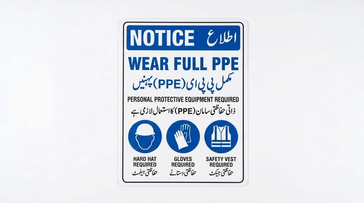 Bilingual Wear Full PPE Notice Sign – English & Urdu (A4 Laminated Vinyl)
